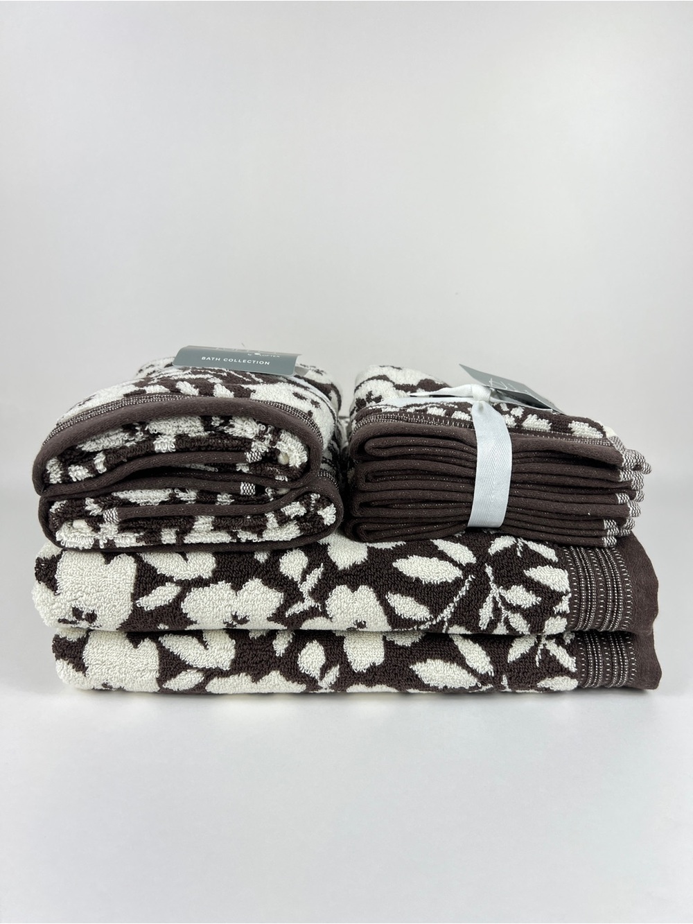 Loft by Loftex Bath Towel Set Bold Floral Brown Cream Soft 100% Cotton 8 Pc NEW